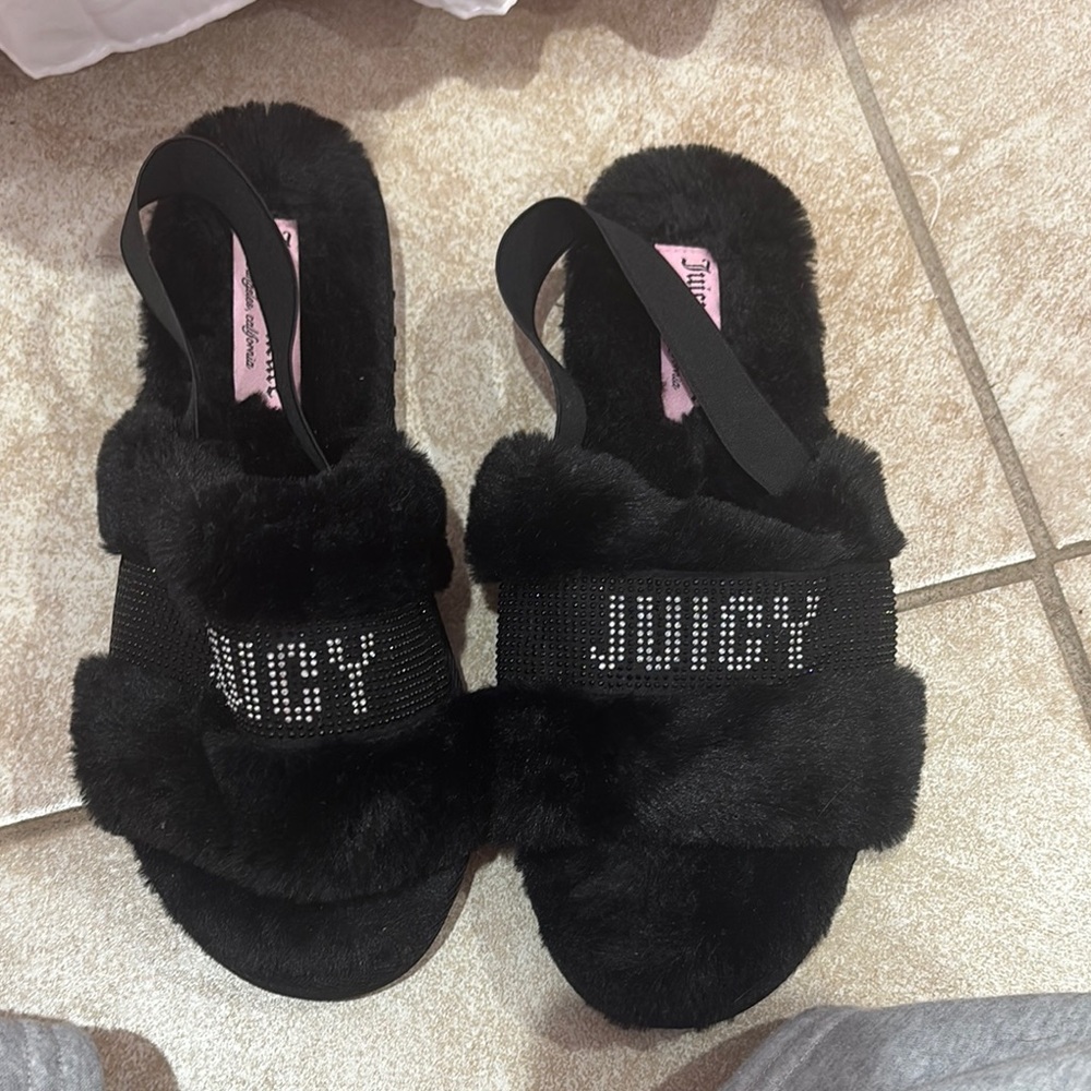 Juicy Couture Black Furry Slippers